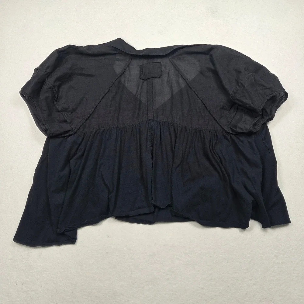 Free People Top Womens Medium Black Cotton Ramie Henley Short Sleeve Oversized